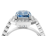 White gold Fancy Blue Radiant  Halo Milgrain Solitaire with Bezel Set Side Stones and Pave Band_36