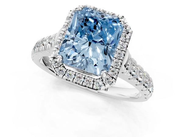 Platinum Fancy Blue Radiant  Halo Pavé Diamond Engagement Ring with Four-Prong Setting