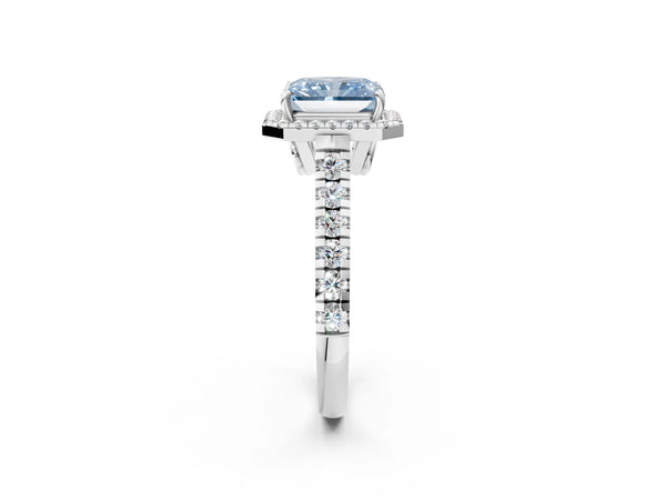 Platinum Fancy Blue Radiant  Halo Pavé Diamond Engagement Ring with Four-Prong Setting
