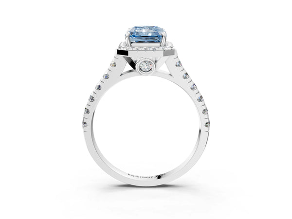 Platinum Fancy Blue Radiant  Halo Pavé Diamond Engagement Ring with Four-Prong Setting