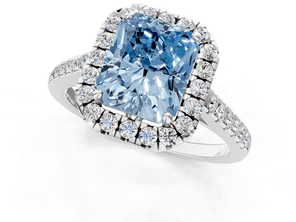 White gold Fancy Blue Radiant  Halo Pavé Diamond Engagement Ring with Four-Prong Setting