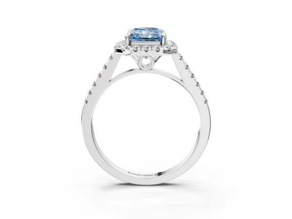 White gold Fancy Blue Radiant  Halo Pavé Diamond Engagement Ring with Four-Prong Setting