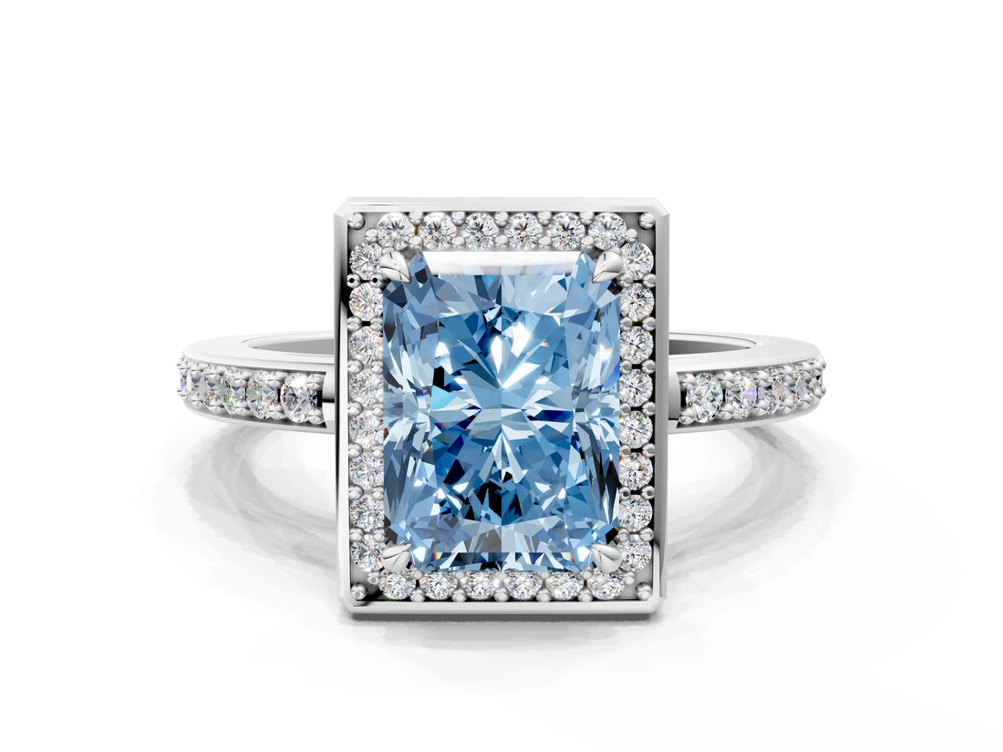 White gold Fancy Blue Radiant  Halo Pave Band Solitaire Ring with Prong Setting_66