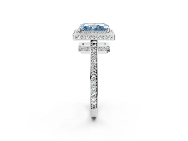 Platinum Fancy Blue Radiant  Halo Pave Band Solitaire Ring with Prong Setting