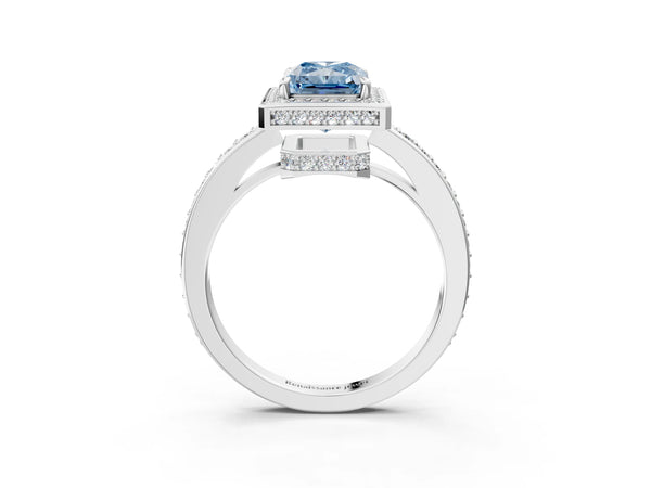 Platinum Fancy Blue Radiant  Halo Pave Band Solitaire Ring with Prong Setting