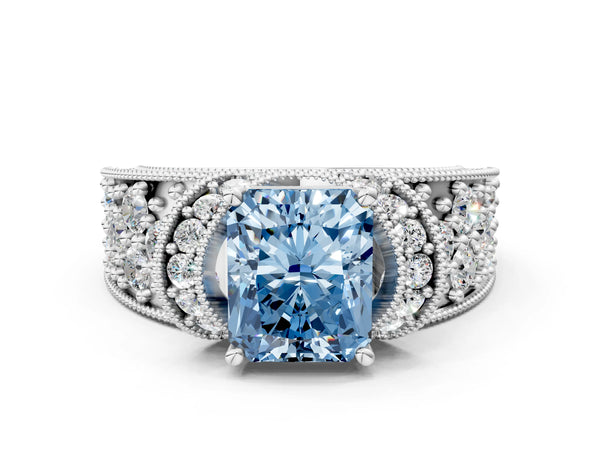 Platinum Fancy Blue Radiant  Halo Pave Diamond Engagement Ring with Milgrain Detailing
