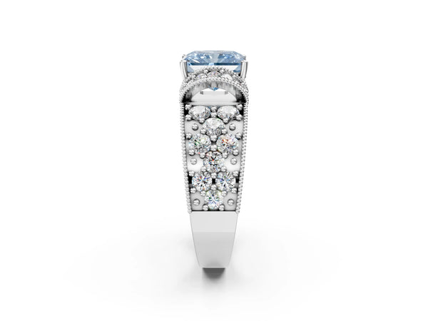 Platinum Fancy Blue Radiant  Halo Pave Diamond Engagement Ring with Milgrain Detailing