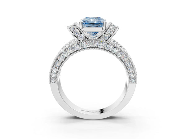 Platinum Fancy Blue Radiant  Halo Pave Diamond Engagement Ring with Milgrain Detailing