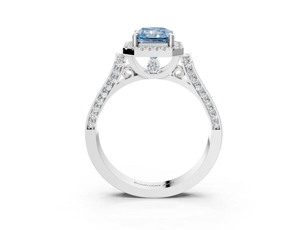 White gold Fancy Blue Radiant  Halo Pave Split Shank Prong Setting Ring
