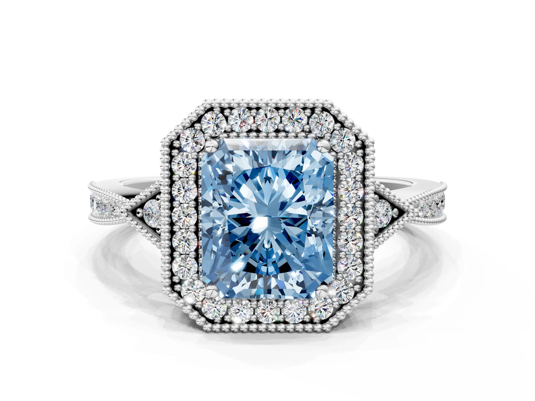 White gold Fancy Blue Radiant  Halo Round Diamond Milgrain Pave Engagement Ring_3