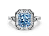White gold Fancy Blue Radiant  Halo Round Diamond Milgrain Pave Engagement Ring_3