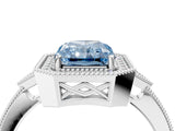 White gold Fancy Blue Radiant  Halo Round Diamond Milgrain Pave Engagement Ring_7