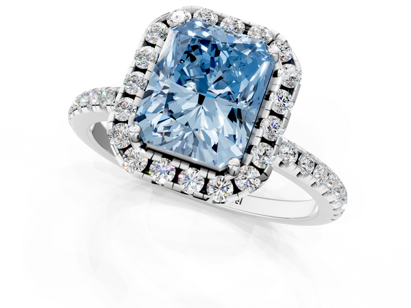 Platinum Fancy Blue Radiant  Halo Round Diamond Pavé Band Four-Prong Ring