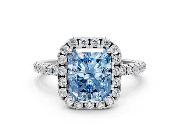 Platinum Fancy Blue Radiant  Halo Round Diamond Pavé Band Four-Prong Ring