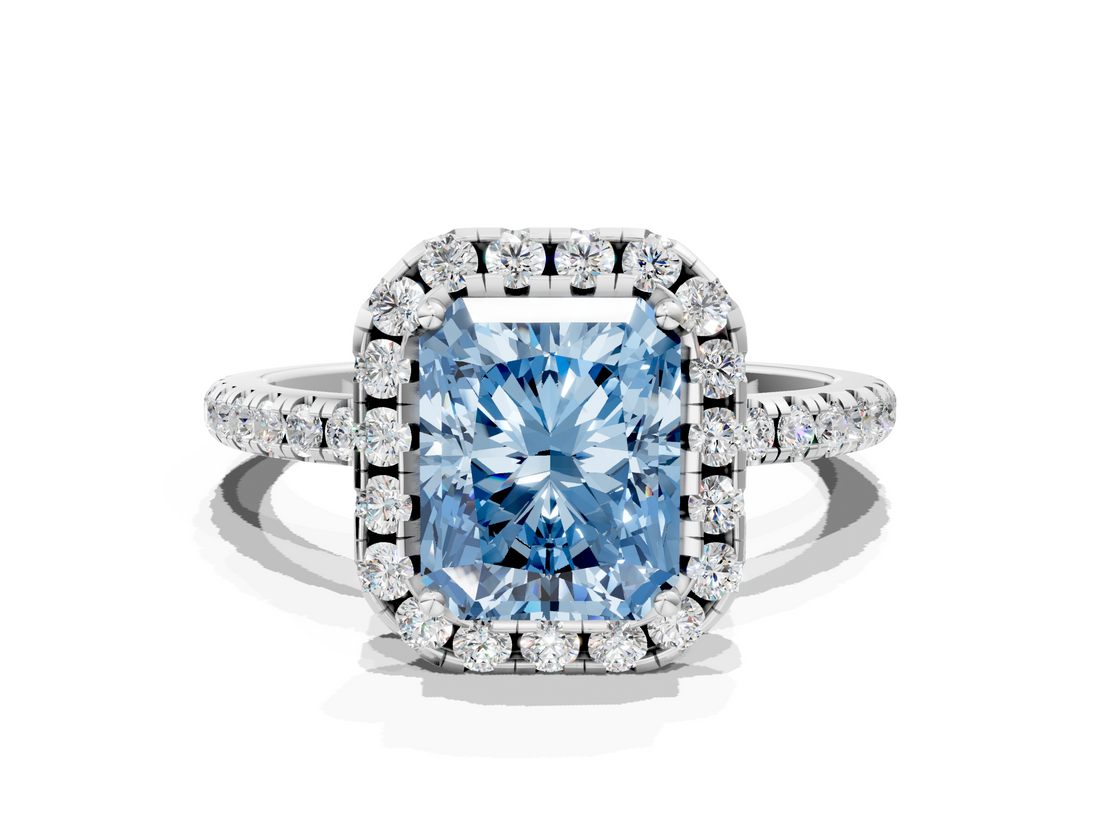 White gold Fancy Blue Radiant  Halo Round Diamond Pavé Band Four-Prong Ring_9