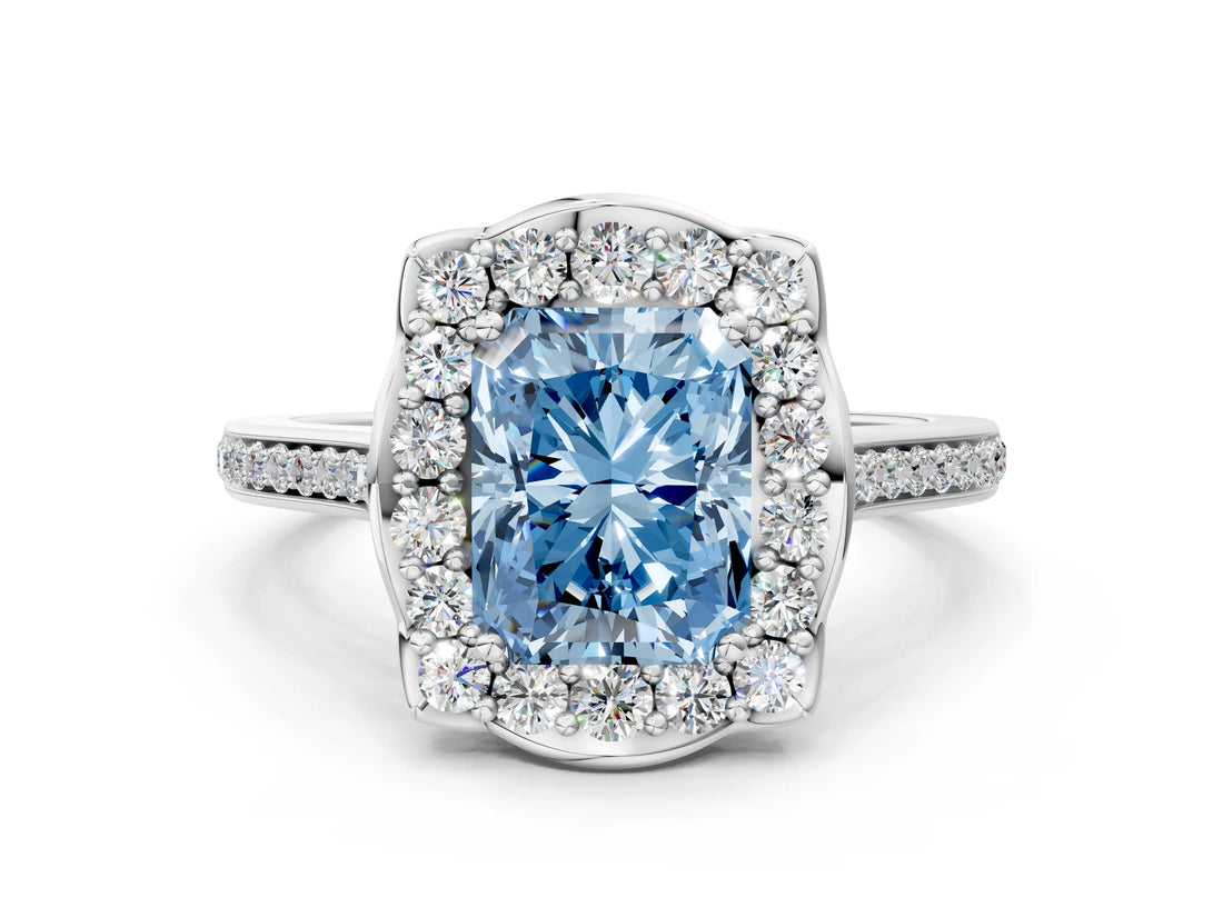 White gold Fancy Blue Radiant  Halo Round Diamond Pave Band with Four-Prong Setting_50