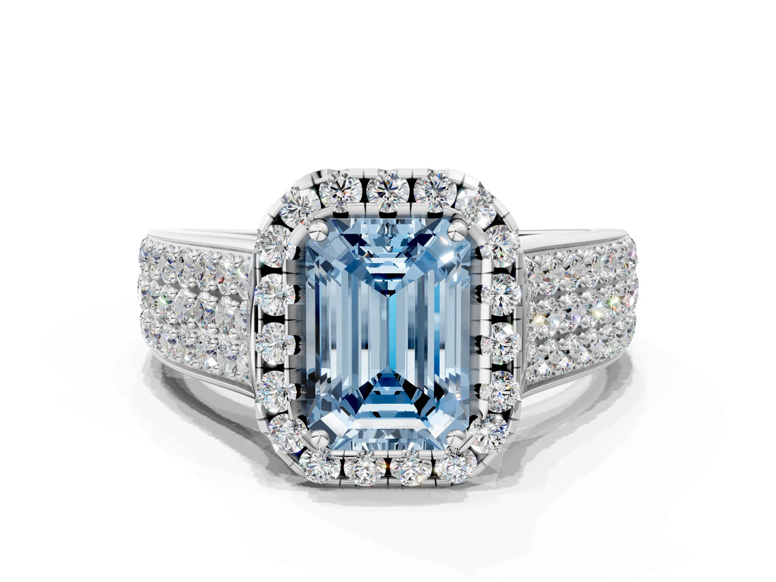 White gold Fancy Blue Radiant  Halo Round Diamond Pave Band with Prong Setting 1