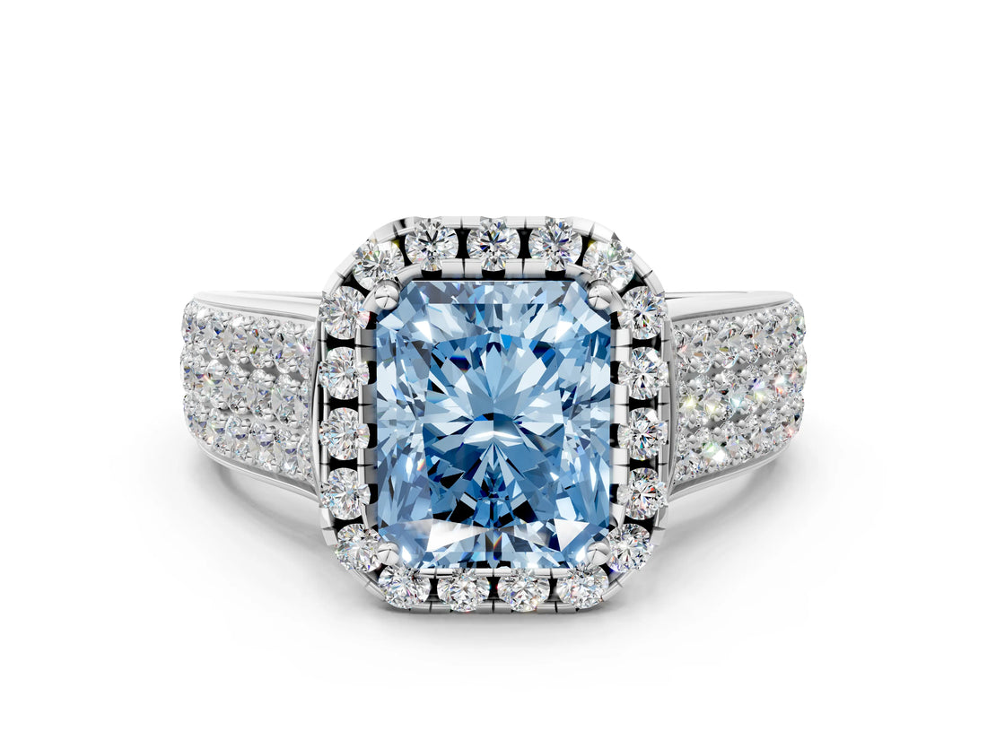 White gold Fancy Blue Radiant  Halo Round Diamond Pave Band with Prong Setting_25