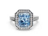 White gold Fancy Blue Radiant  Halo Solitaire Diamond Ring with Pave Band and Bezel Setting_49