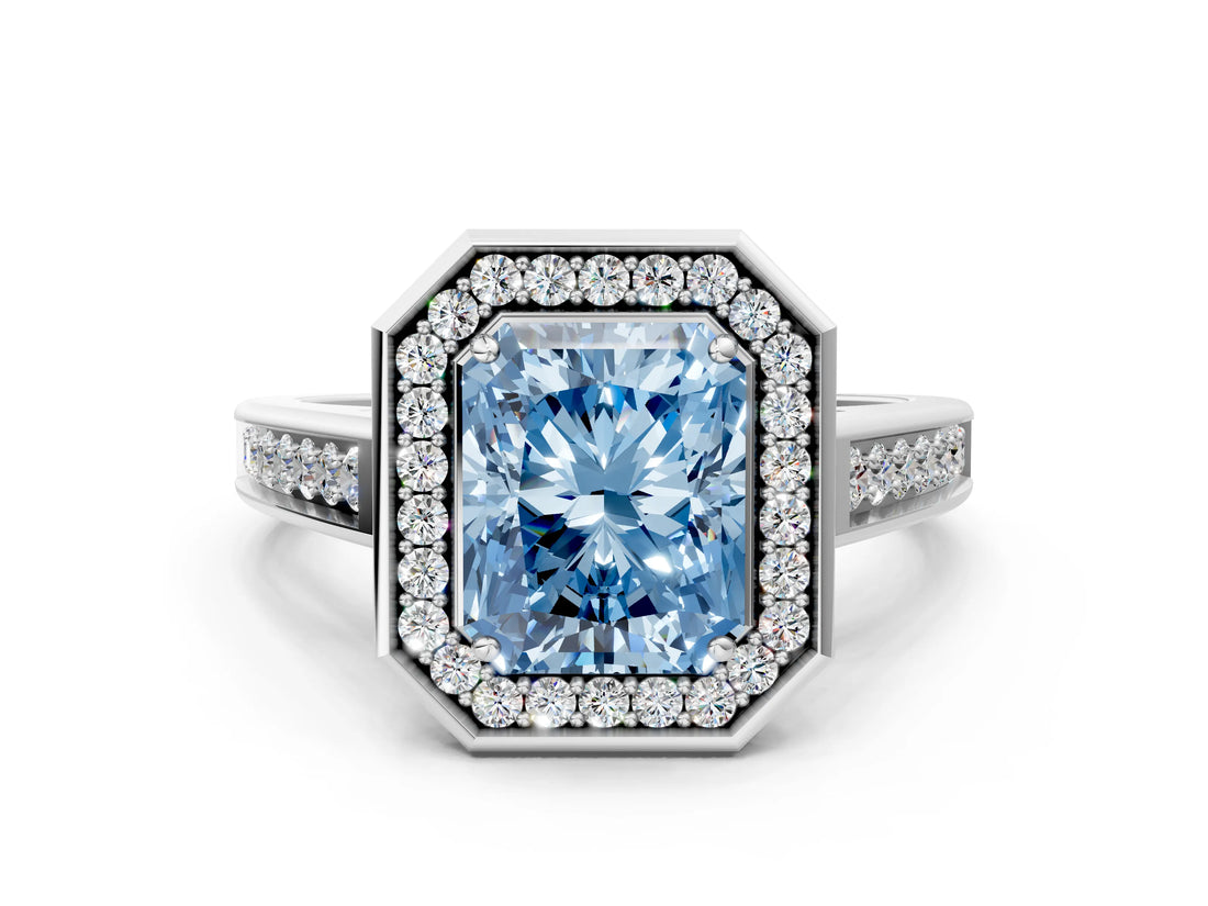 White gold Fancy Blue Radiant  Halo Solitaire Diamond Ring with Pave Band and Bezel Setting_49