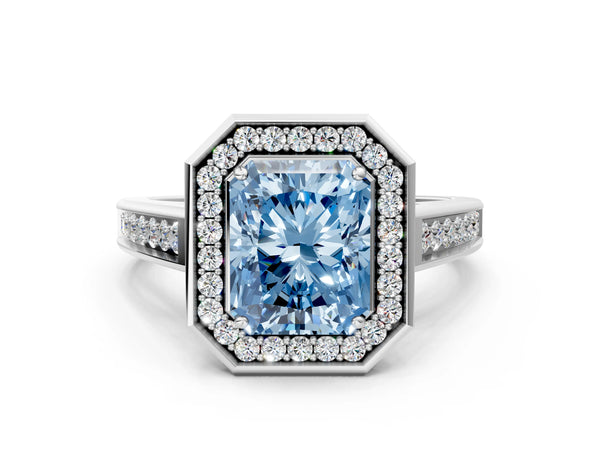 White gold Fancy Blue Radiant  Halo Solitaire Diamond Ring with Pave Band and Bezel Setting
