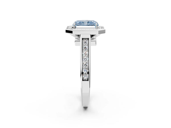 White gold Fancy Blue Radiant  Halo Solitaire Diamond Ring with Pave Band and Bezel Setting