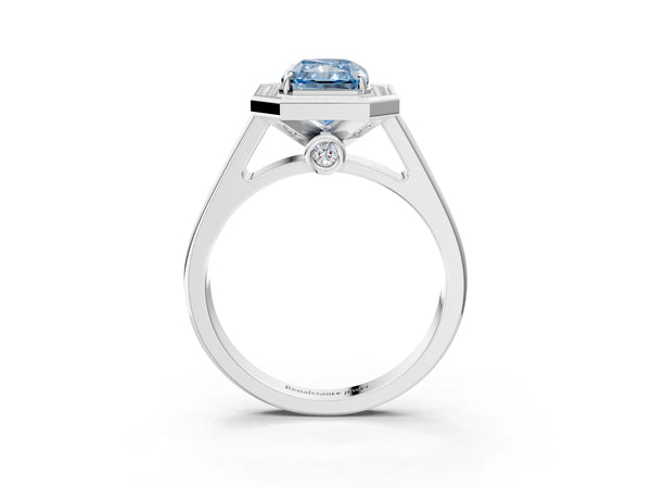White gold Fancy Blue Radiant  Halo Solitaire Diamond Ring with Pave Band and Bezel Setting
