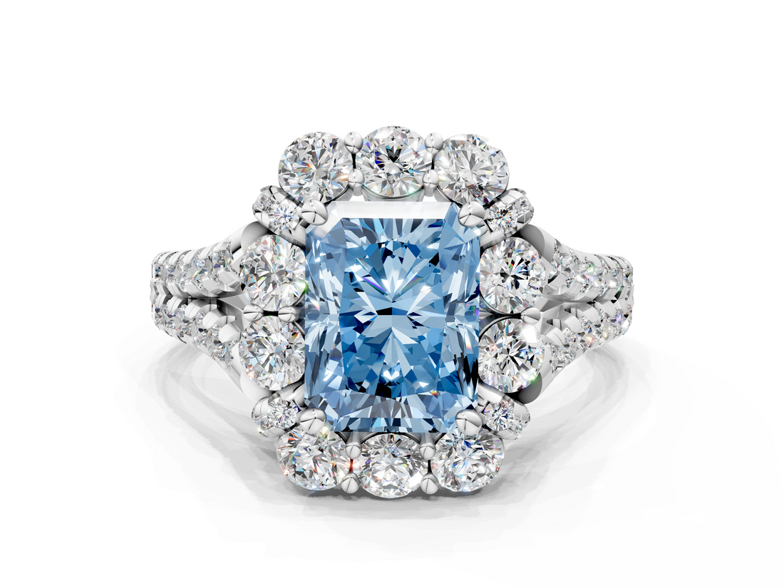 White gold Fancy Blue Radiant  Halo Split Shank Diamond Engagement Ring with Pave Band and Four-Prong Setting_71