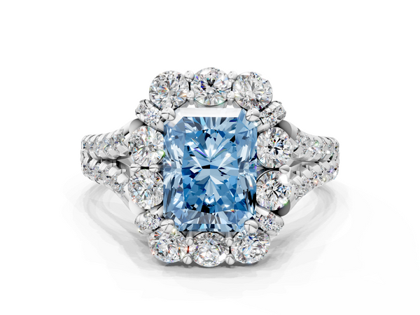 Platinum Fancy Blue Radiant  Halo Split Shank Diamond Engagement Ring with Pave Band and Four-Prong Setting