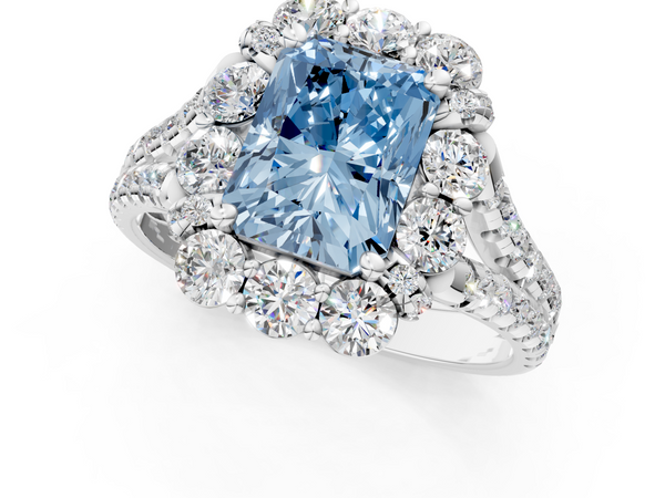 Platinum Fancy Blue Radiant  Halo Split Shank Diamond Engagement Ring with Pave Band and Four-Prong Setting