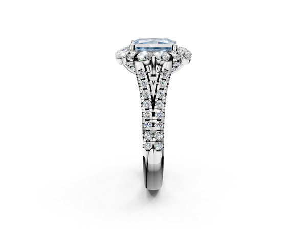 Platinum Fancy Blue Radiant  Halo Split Shank Diamond Engagement Ring with Pave Band and Four-Prong Setting