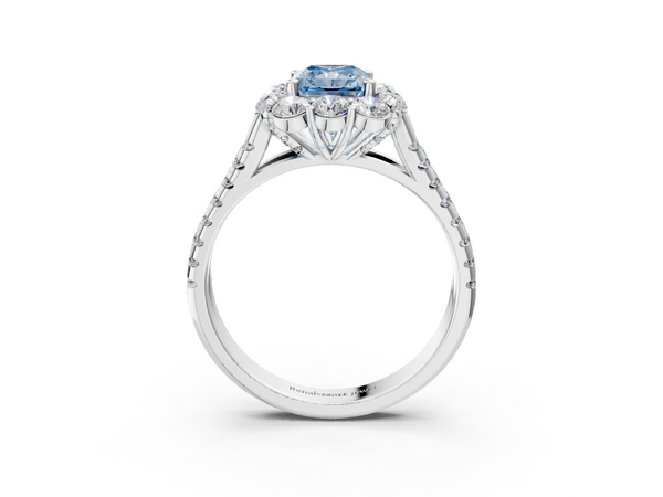 Platinum Fancy Blue Radiant  Halo Split Shank Diamond Engagement Ring with Pave Band and Four-Prong Setting