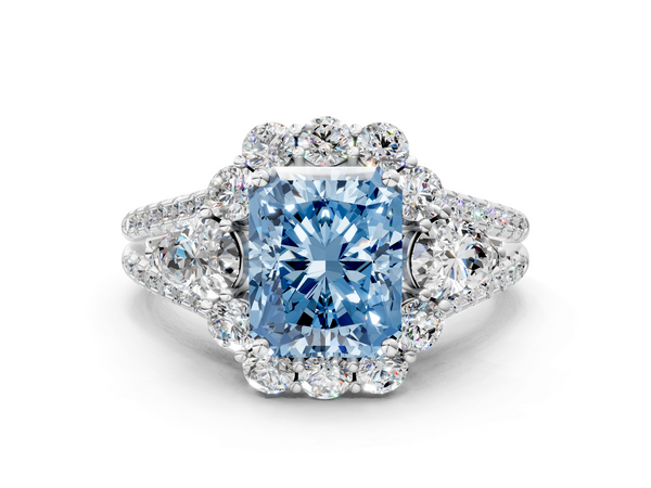 Platinum Fancy Blue Radiant  Halo Split Shank Diamond Engagement Ring with Prong Setting