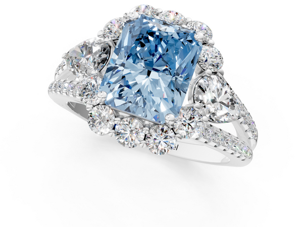 Platinum Fancy Blue Radiant  Halo Split Shank Diamond Engagement Ring with Prong Setting