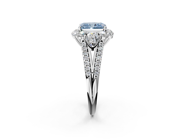 Platinum Fancy Blue Radiant  Halo Split Shank Diamond Engagement Ring with Prong Setting
