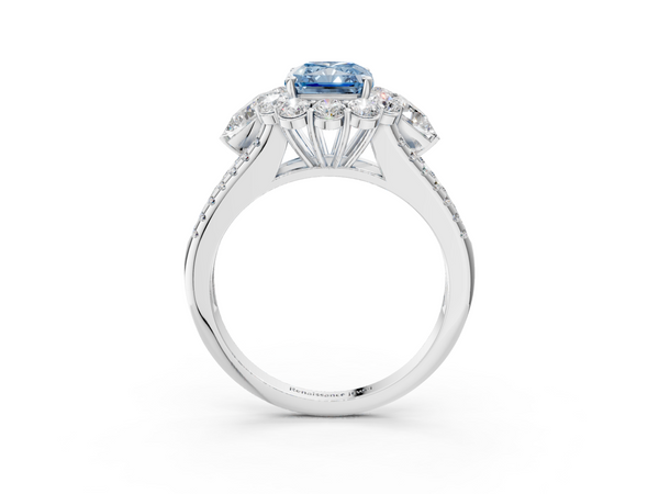 Platinum Fancy Blue Radiant  Halo Split Shank Diamond Engagement Ring with Prong Setting