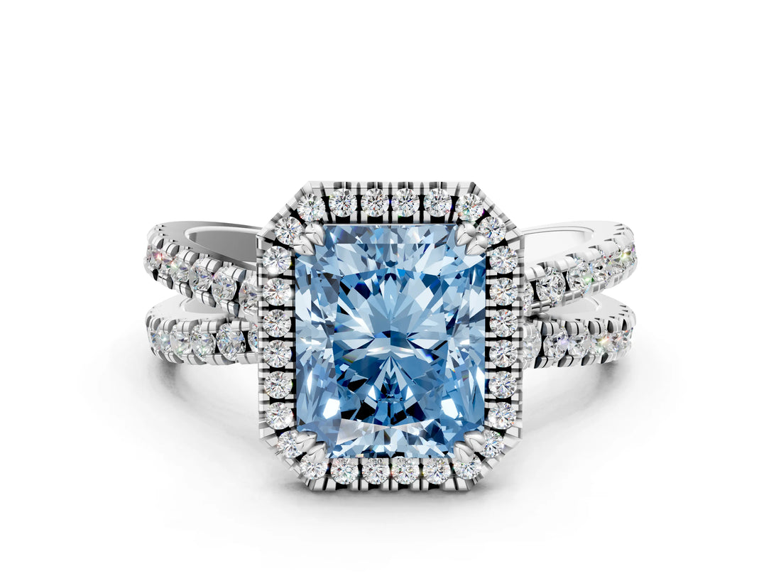 White gold Fancy Blue Radiant  Halo Split Shank Diamond Ring with Pavé Setting_31