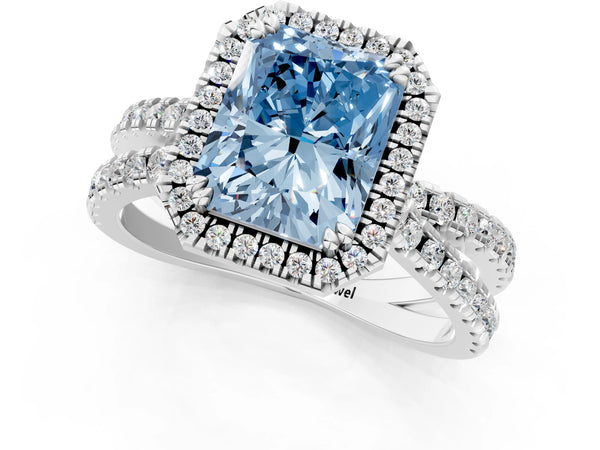 White gold Fancy Blue Radiant  Halo Split Shank Diamond Ring with Pavé Setting