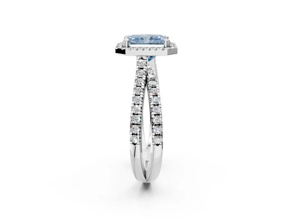 White gold Fancy Blue Radiant  Halo Split Shank Diamond Ring with Pavé Setting