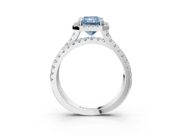 White gold Fancy Blue Radiant  Halo Split Shank Diamond Ring with Pavé Setting