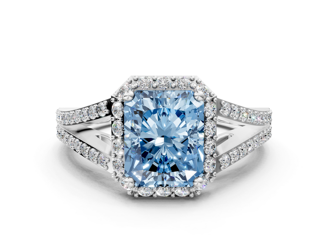 White gold Fancy Blue Radiant  Halo Split Shank Diamond Ring with Prong Setting_20