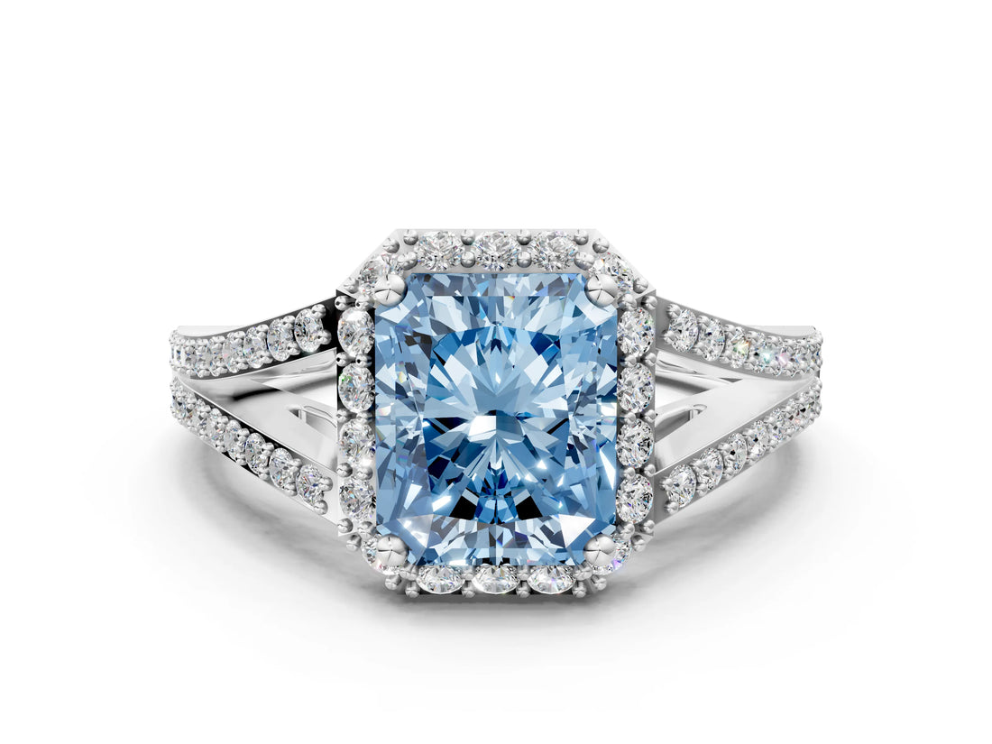 White gold Fancy Blue Radiant  Halo Split Shank Pave Diamond Ring with Four-Prong Setting_59