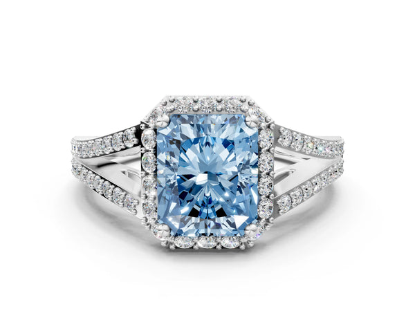 Platinum Fancy Blue Radiant  Halo Split Shank Pave Diamond Ring with Four-Prong Setting