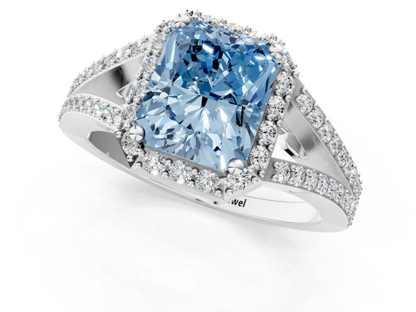 Platinum Fancy Blue Radiant  Halo Split Shank Pave Diamond Ring with Four-Prong Setting