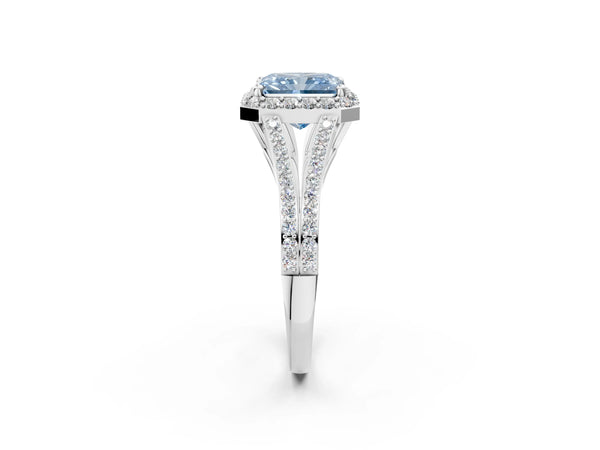 Platinum Fancy Blue Radiant  Halo Split Shank Pave Diamond Ring with Four-Prong Setting