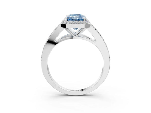 Platinum Fancy Blue Radiant  Halo Split Shank Pave Diamond Ring with Four-Prong Setting