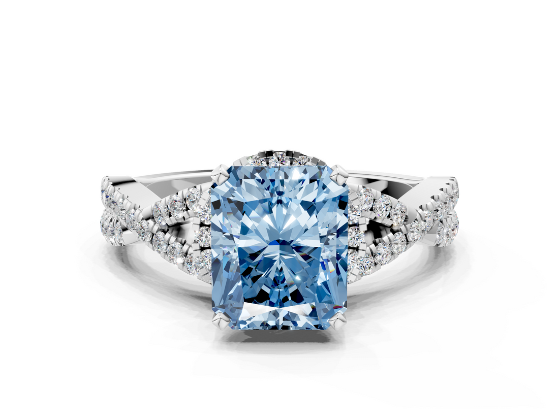 White gold Fancy Blue Radiant  Halo Twist Band Solitaire Prong Setting Ring_79