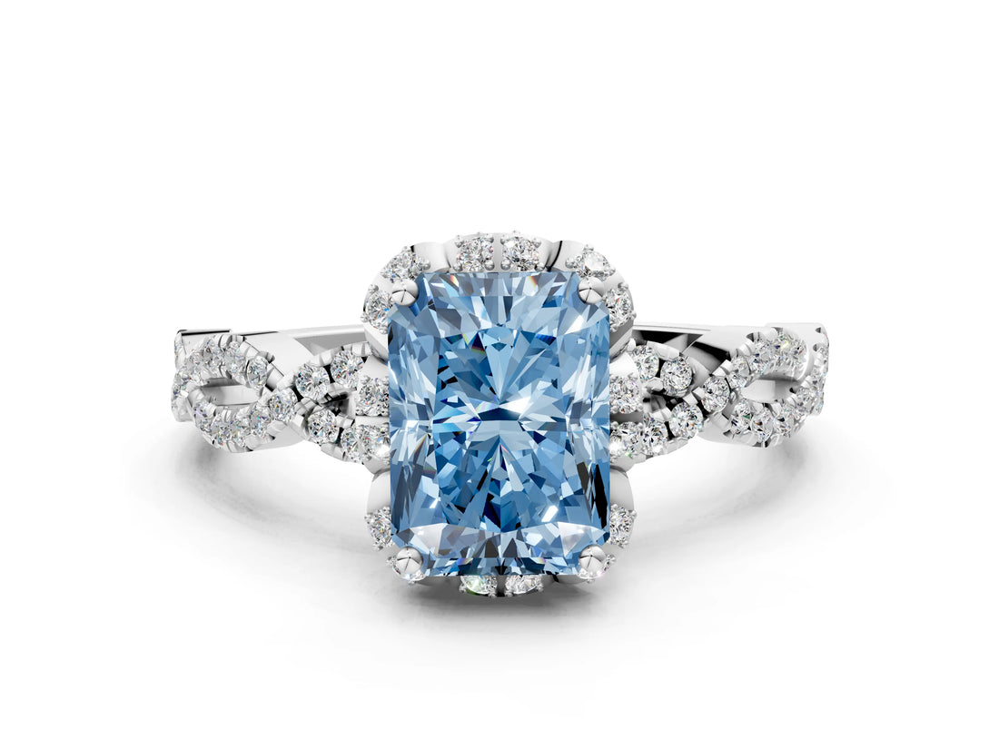 White gold Fancy Blue Radiant  Halo Twist Band Solitaire Ring with Six-Prong Setting_3