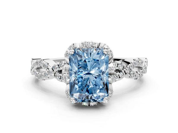 White gold Fancy Blue Radiant  Halo Twist Band Solitaire Ring with Six-Prong Setting