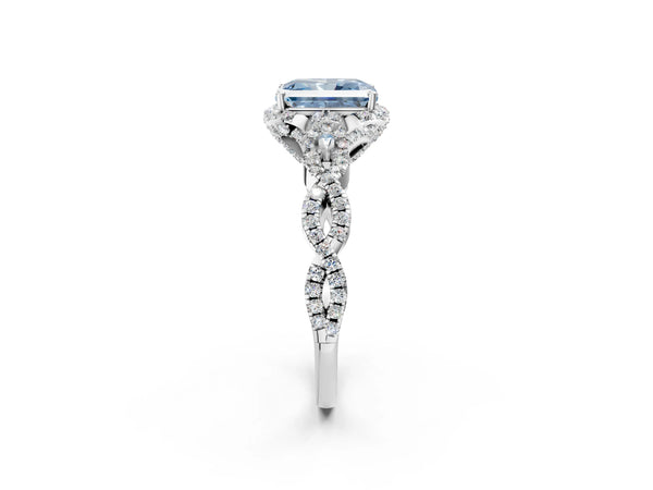 White gold Fancy Blue Radiant  Halo Twist Band Solitaire Ring with Six-Prong Setting